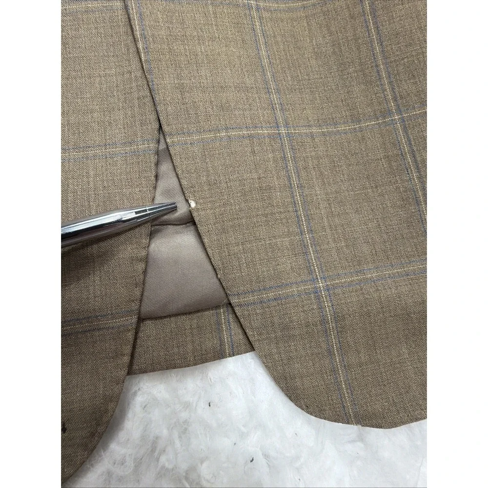 HERMES Mens Sport Coat Blazer Beige Tan Windowpane Checked 42R Wedding Flaws**